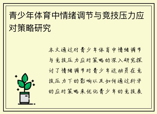 青少年体育中情绪调节与竞技压力应对策略研究